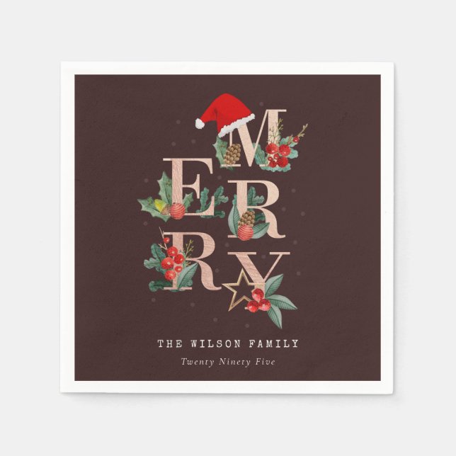 Servilleta De Papel Rosa marrón Oro Verde Rojo Feliz Navidad Foliage (Anverso)