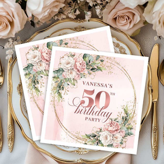 Servilleta De Papel Rosa polvoriento flor de oro cumpleaños 50 cena  (Dusty Pink Rose Gold Floral 50th Birthday Dinner Napkins

)
