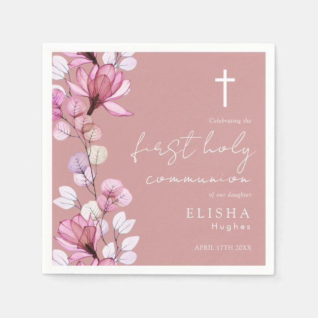 Servilleta De Papel Rosa Polvoriento Floral Rosa Primera Comunión Sant (Anverso)