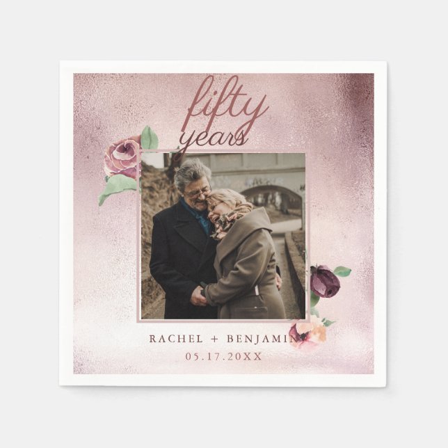 Servilleta De Papel Rosa Purpurina de oro 50 años Boda Aniversario Ros (Anverso)
