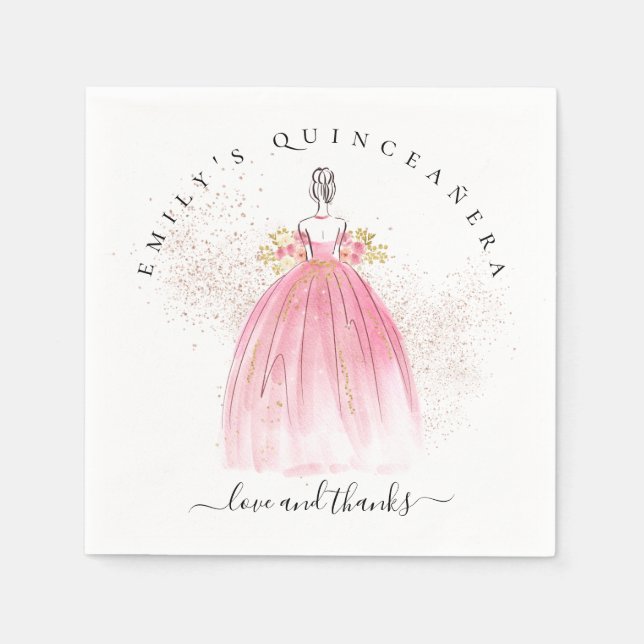 Servilleta De Papel Rosa Purpurina de oro Chica Gown Quinceañera (Anverso)