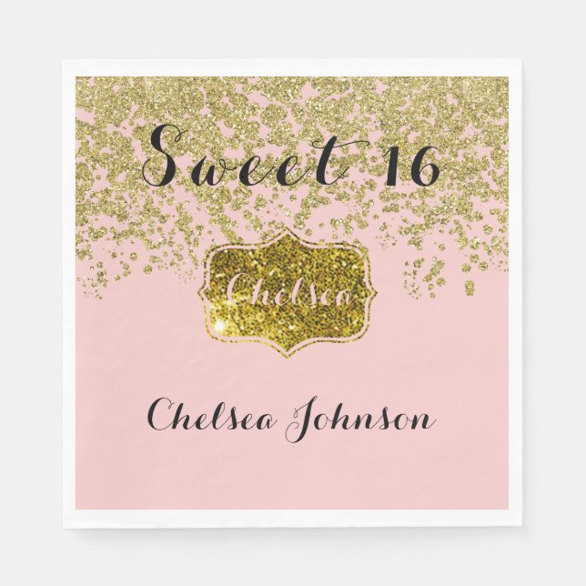 Servilleta De Papel Rosa Quartz Purpurina Gold Sweet 16 (Anverso)