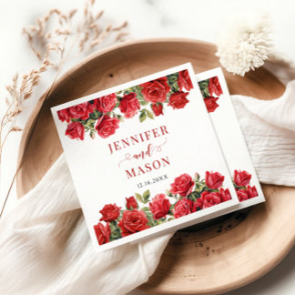 Servilleta De Papel Rosa Roja Borgoña Floral Boda Novia Novio