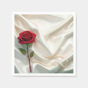 Servilleta De Papel Rosa Roja de Aniversario y Perlas Sobre Satén