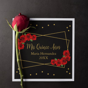 Servilleta De Papel Rosa Roja Negro y Quinceañera de oro