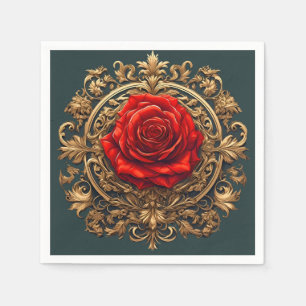 Servilleta De Papel Rosa Roja Ornamentada Con Marco Barroco Dorado