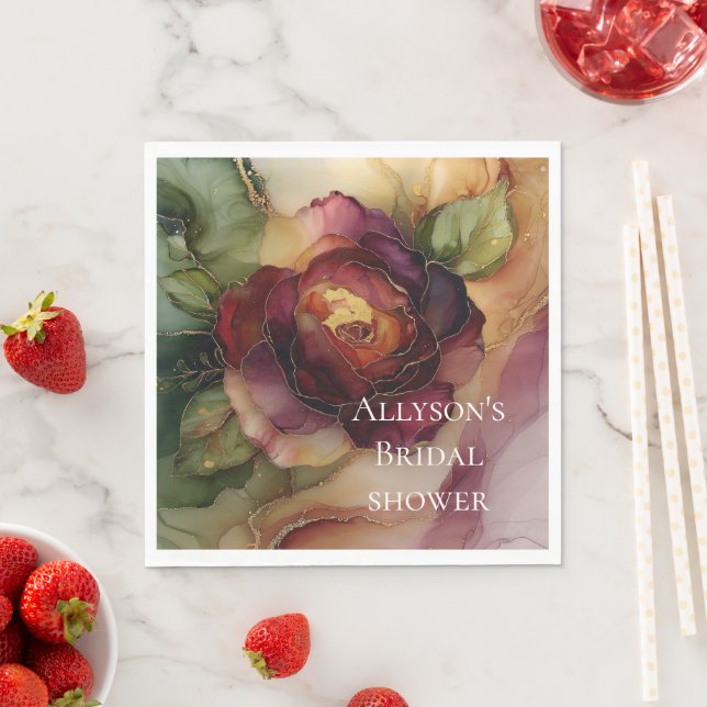 Servilleta De Papel Rosa Romántico de Borgoña Dorado Boda Floral (In situ)