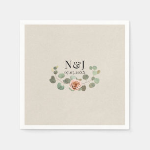 Servilleta De Papel Rosa Rosa & Corazón de Eucalipto Boda Rústica