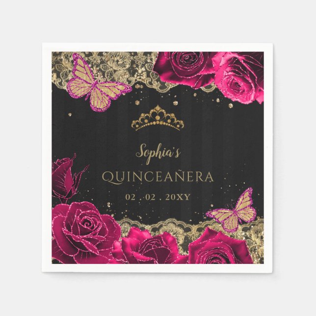 Servilleta De Papel Rosa rosa vintage Lace Oro Negro Quinceañera (Anverso)