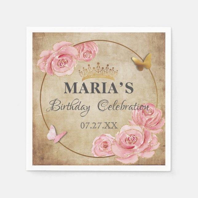 Servilleta De Papel Rosa Rubor Mariposa rosa Crown Gold Quinceanera (Anverso)