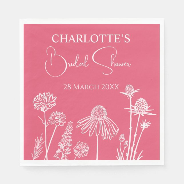 Servilleta De Papel Rosa Wildflowers Sketched Floral Bridal Shower (Anverso)
