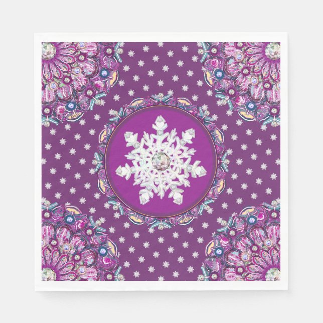 Servilleta De Papel Rosada roja cardinal y copo de nieve (Anverso)