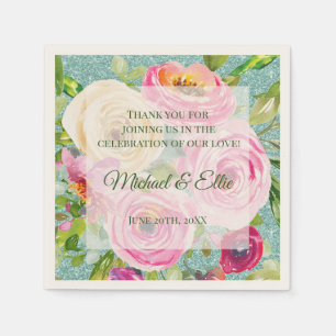 Servilleta De Papel Rosas acuarela rosa crema brillo aquamarina boda