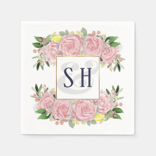 Servilleta De Papel Rosas acuarela rosadas Limones amarillos, monogram