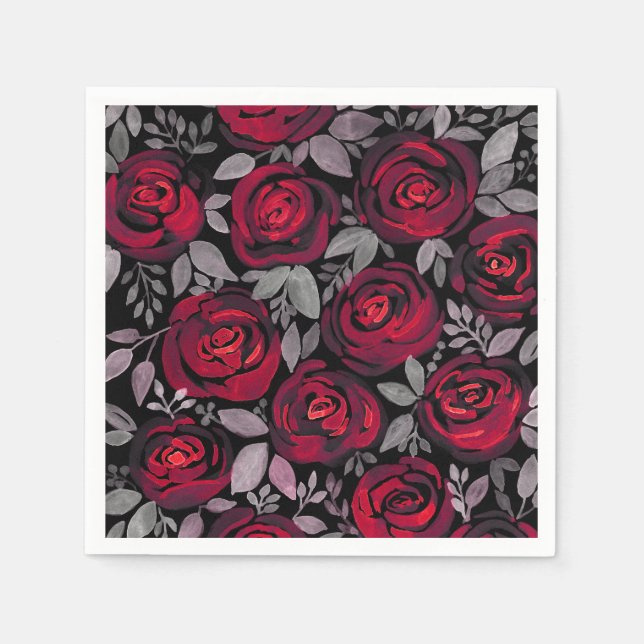 Servilleta De Papel Rosas acuarelas, rosas rojas sobre negro (Anverso)