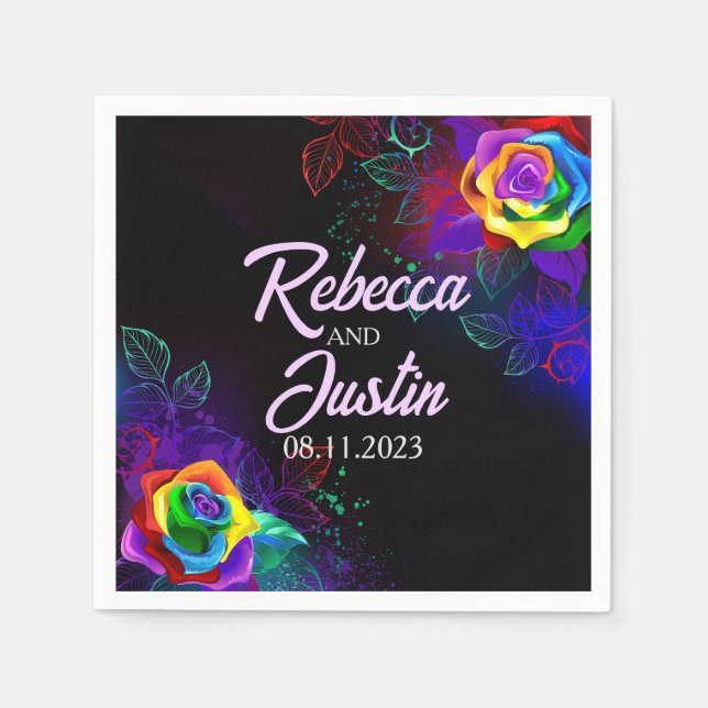 Servilleta De Papel Rosas arcoiris floral moderno Boho negro (Anverso)