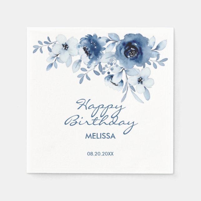 Servilleta De Papel Rosas azules modernos vegetación floral Cumpleaños (Anverso)