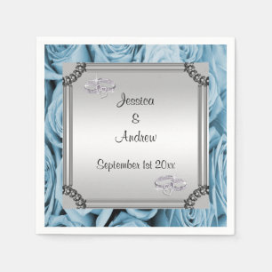 Servilleta De Papel Rosas Azules y Anillos de Boda de Diamantes