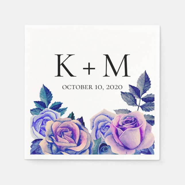 Servilleta De Papel Rosas azules y púrpuras acuarela. Flores de boda (Anverso)