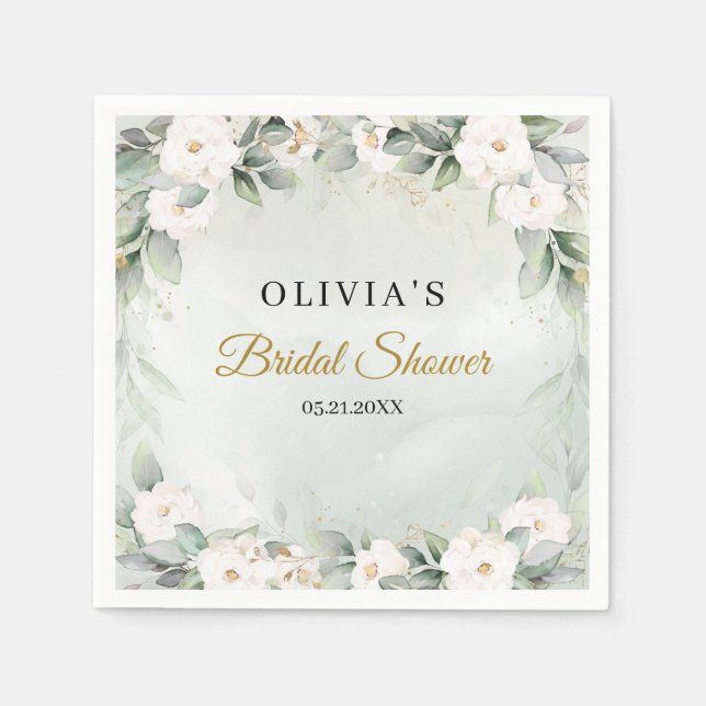 Servilleta De Papel Rosas blancas de boho y ducha de novia dorada (Anverso)