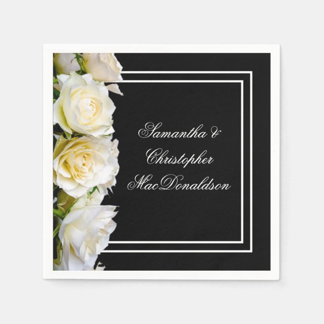 Servilleta De Papel Rosas blancas en boda floral negro (Anverso)