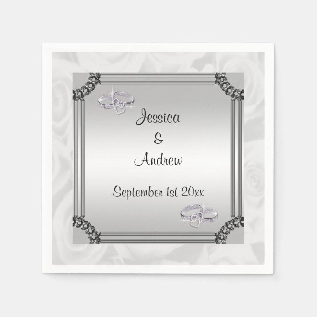 Servilleta De Papel Rosas blancas y anillos Bodas de diamantes (Anverso)