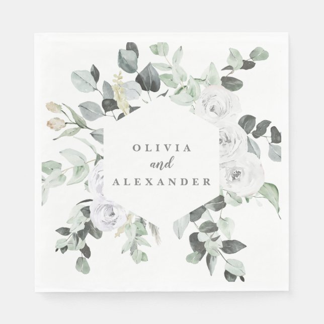 Servilleta De Papel Rosas blancas y boda floral verde (Anverso)