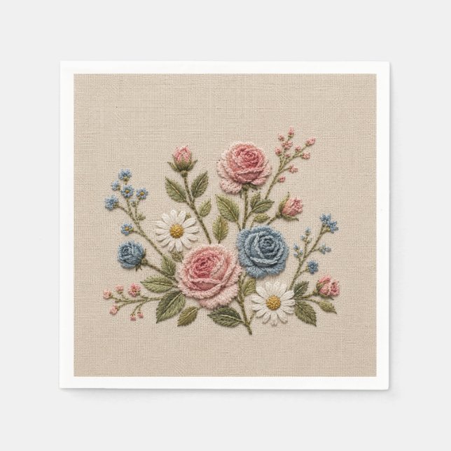 Servilleta De Papel Rosas bordadas Blush & Blue (Anverso)
