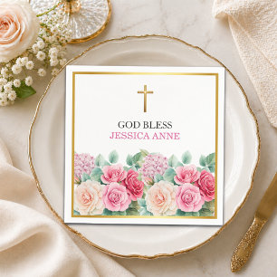 Servilleta De Papel Rosas Cruz de Oro Elegantes Bautizo Floral