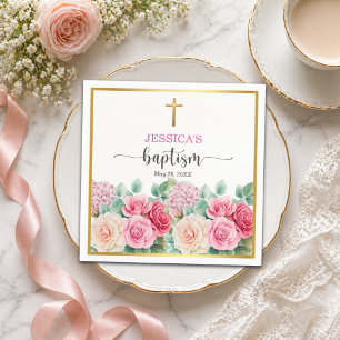 Servilleta De Papel Rosas Cruz de Oro Floral Bautizo Elegante