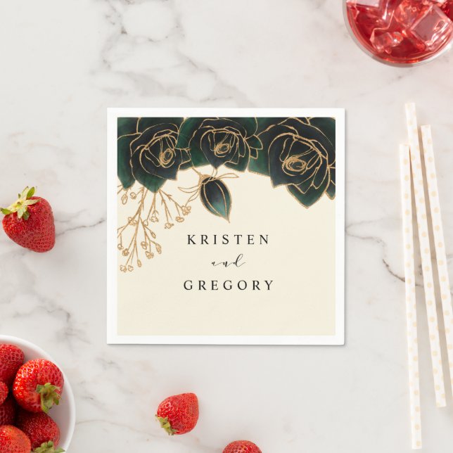 Servilleta De Papel Rosas De Acuarela Boda Verde Y Oro (In situ)