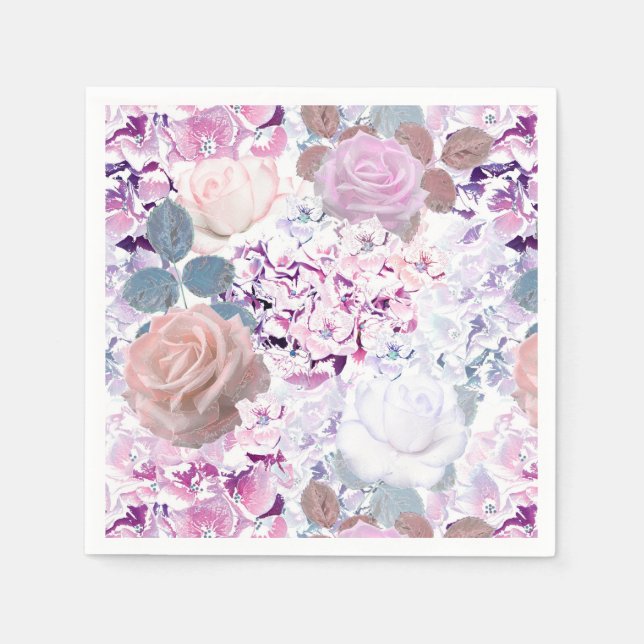 Servilleta De Papel Rosas de acuarela e hidrangeas. (Anverso)