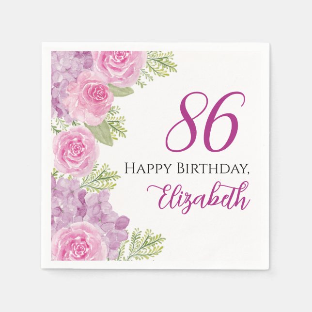 Servilleta De Papel Rosas de acuarela rosadas Cumpleaños 86 Papel (Anverso)