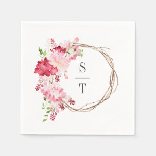 Servilleta De Papel Rosas de acuarela rosadas rojas Corona de monogram