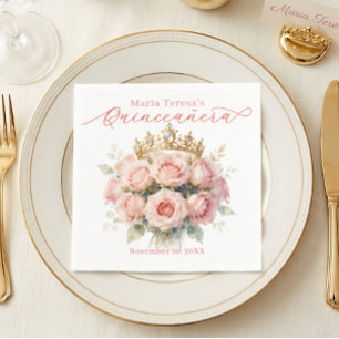 Servilleta De Papel Rosas de acuarela rosadas y tiara de oro Quinceañe