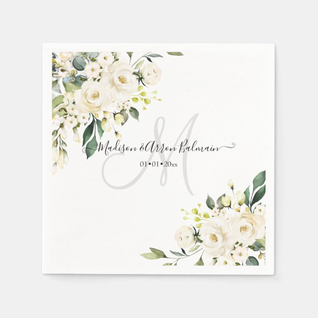 Servilleta De Papel Rosas de alabastro Monograma acuarela floral (Anverso)