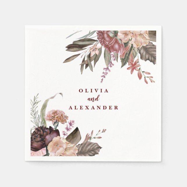 Servilleta De Papel Rosas de Boho Borgoña caen boda floral (Anverso)