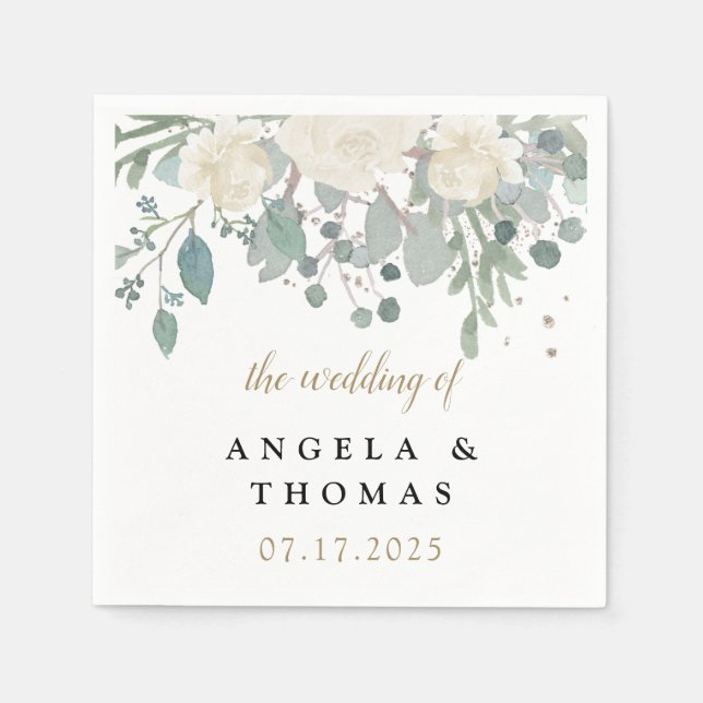 Servilleta De Papel Rosas de invierno Boda Floral de oro blanco (Anverso)