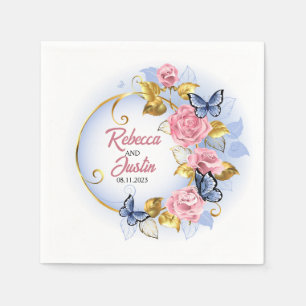 Servilleta De Papel Rosas de marco rosa y azul Floral Boho moderno