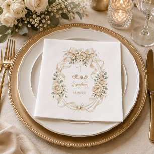 Servilleta De Papel Rosas de Marfil Elegantes, Eucalipto, Perlas Boda