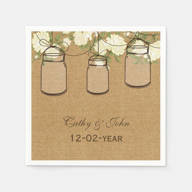Servilleta De Papel rosas de marfil en burlap boda personalizado (Anverso)