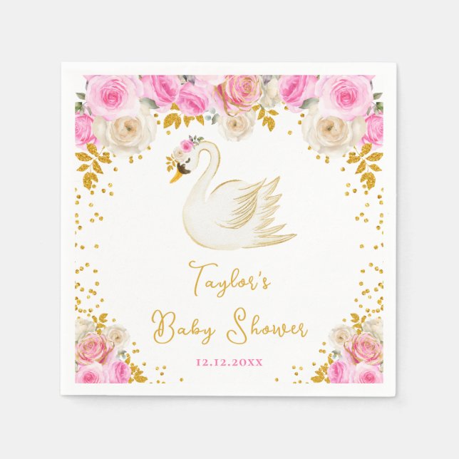 Servilleta De Papel Rosas de Oro y Rosa del Cisne Baby Shower (Anverso)