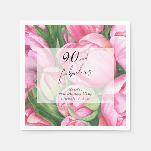 Servilleta De Papel Rosas de Peonies Fiesta de cumpleaños 90 (Anverso)