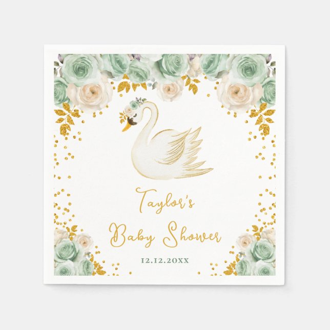 Servilleta De Papel Rosas de Swan Sage Green y Gold Baby Shower (Anverso)