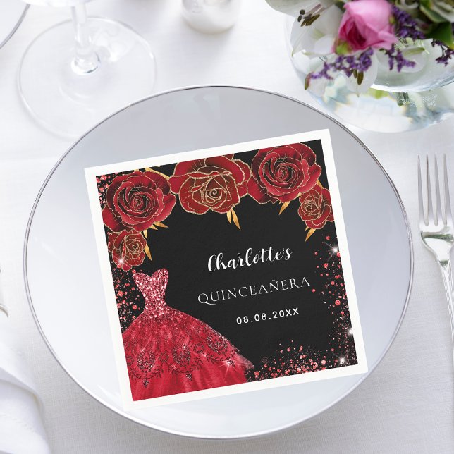 Servilleta De Papel Rosas de vestimenta roja negra de Quinceanera (Subido por el creador)