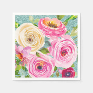 Servilleta De Papel Rosas en acuarela en rosa y crema con brillo acuát