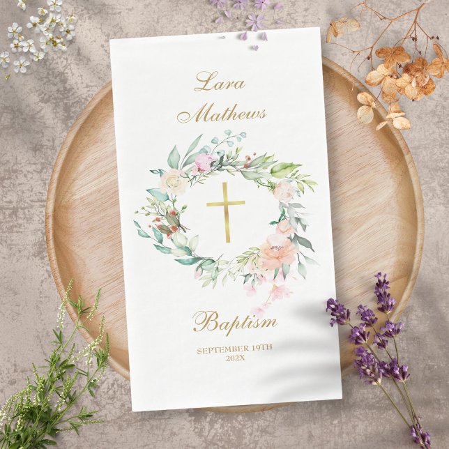 Servilleta De Papel Rosas Floral Garland Gold Baptism Christening (Roses Floral Garland Gold Baptism Christening Paper Guest Towels)