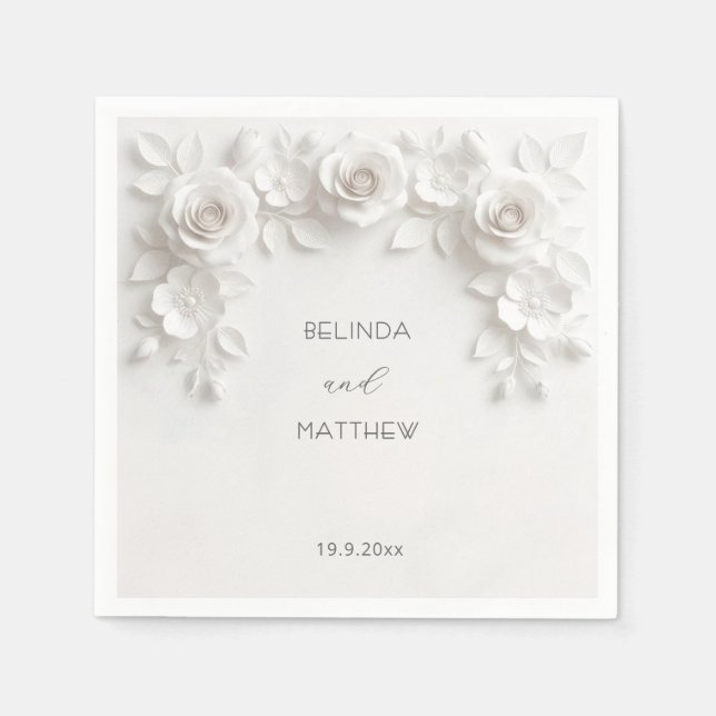 Servilleta De Papel Rosas Florales Blancas 3D | Boda (Anverso)