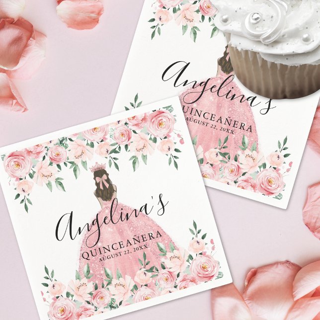 Servilleta De Papel Rosas Florales Rosadas Quinceañera (Floral Roses Blush Pink Quinceanera Napkins)