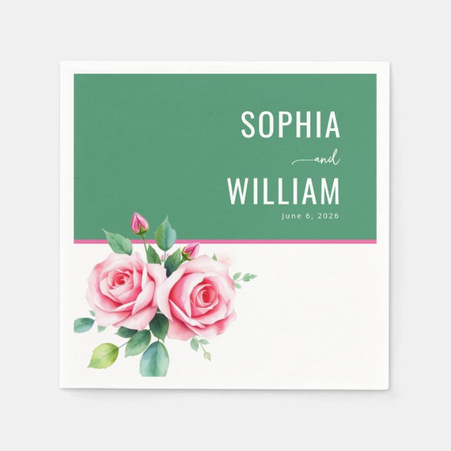 Servilleta De Papel Rosas Florales Verdes Elegantes (Anverso)